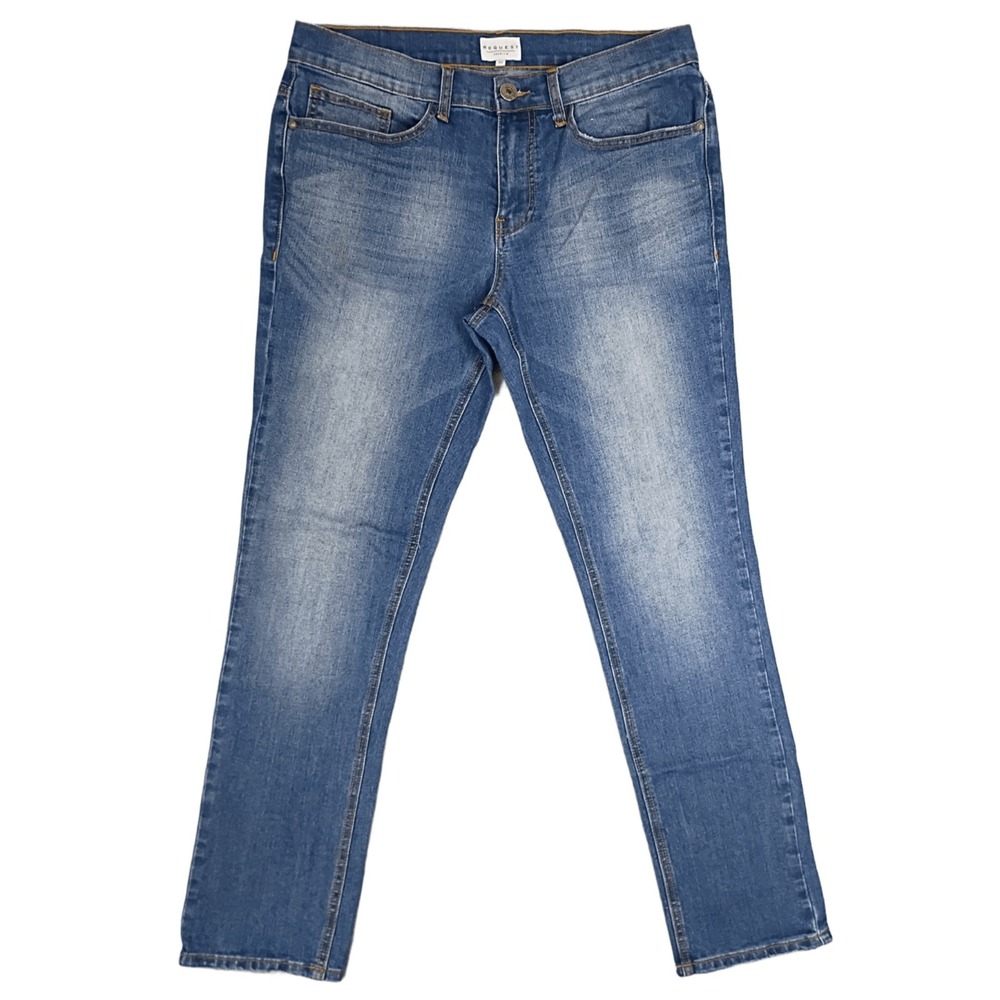 Request Mens 32 Blue Faded Distressed Straight Leg Denim Jeans Stretch